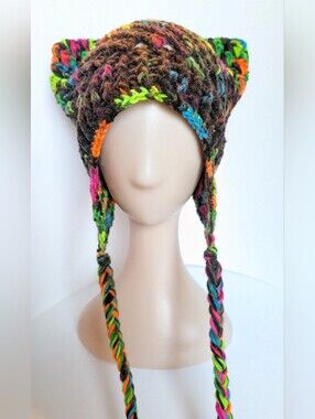NEW, Crochet Cat ear beanie with ear flaps, handmade